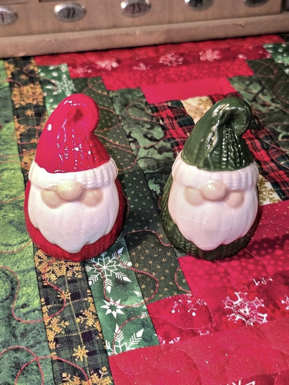 Holiday Ceramic Gnome Salt & Pepper Shakers Red Green Knit Hat 3.5”